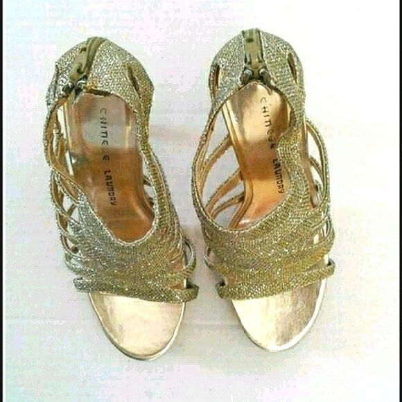 Chinese Laundry Gold Sparkly Open Toe Caged Strappy Platform Heels 6.5 - Picture 4 of 9